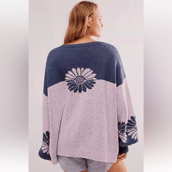 Free People In The Bloom Sweater Floral Colorblock Ribbed Hem Lilac Combo - Picture 4 of 6